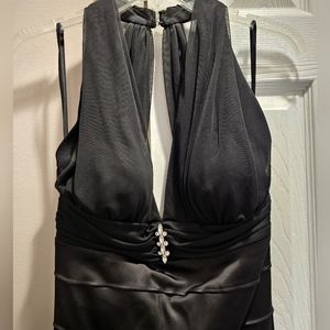 Betsey & Adam Linda Bernal Black Halter Maxi Cocktail Dress Rhinestone Satin.